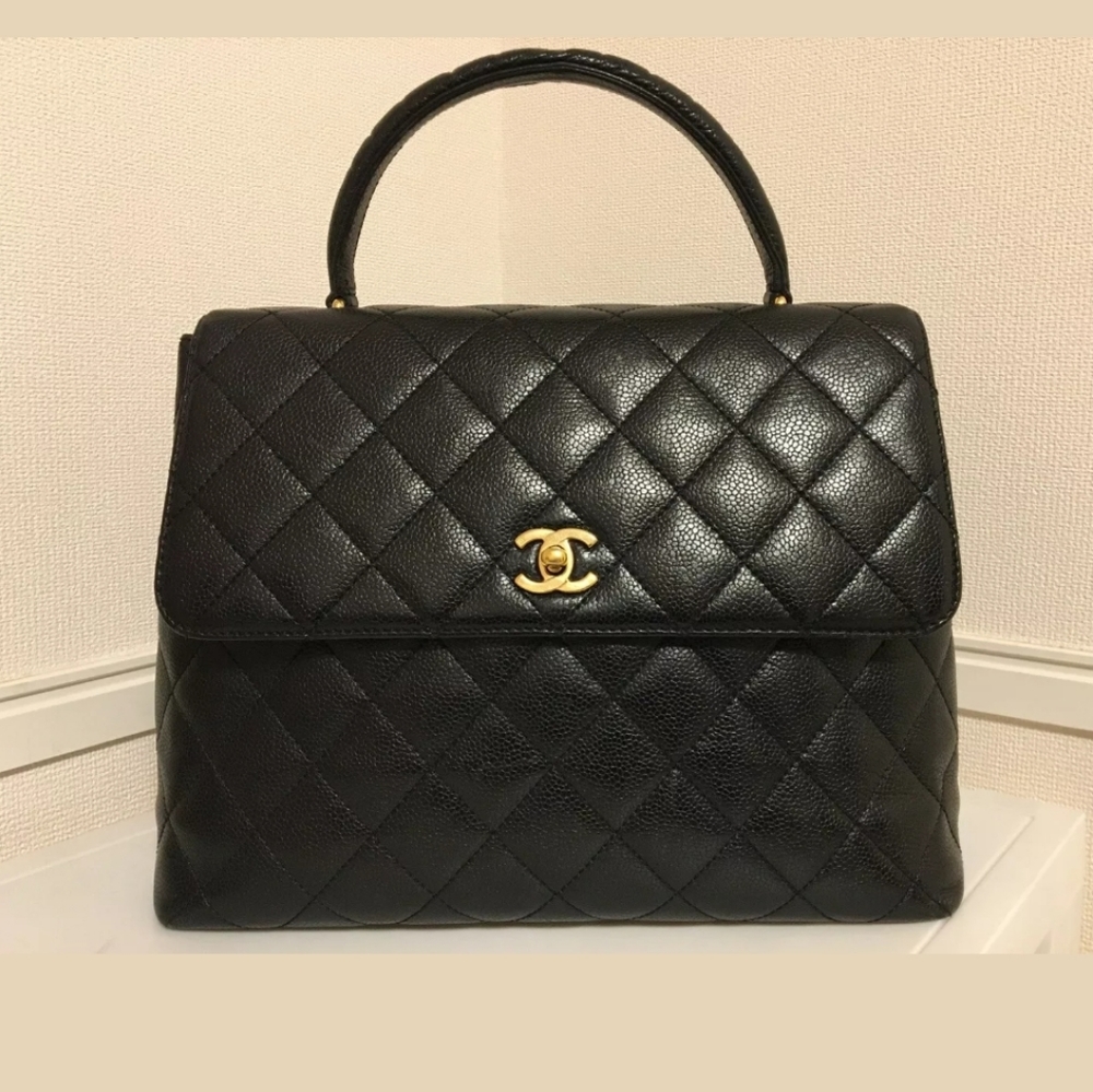 CHANEL Black Quilted Top Handle Satchel with Gold CC Turnlock